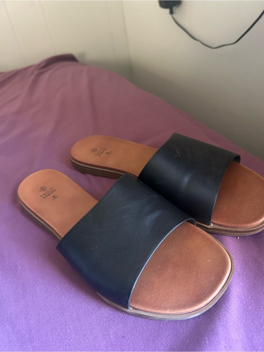 Call It Spring Black Slide Sandals with Brown Footbed